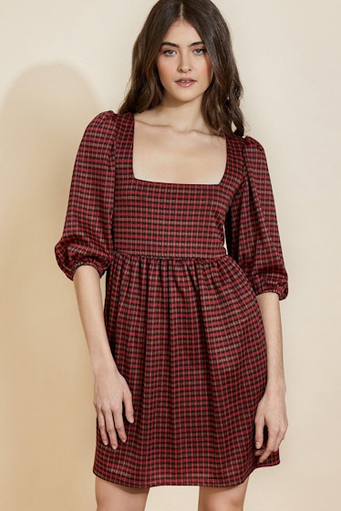 Square neck puff sleeve red plaid mini dress