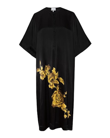black silk kaftan maxi dress with gold floral print