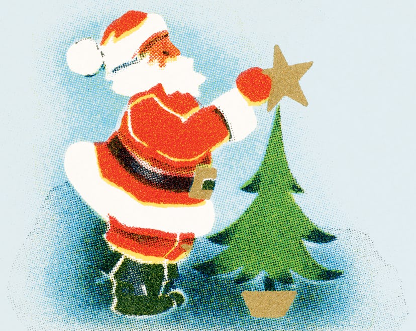 How tall is Santa claus? Illustration of st. nick placing a star on top of a christmas tree 