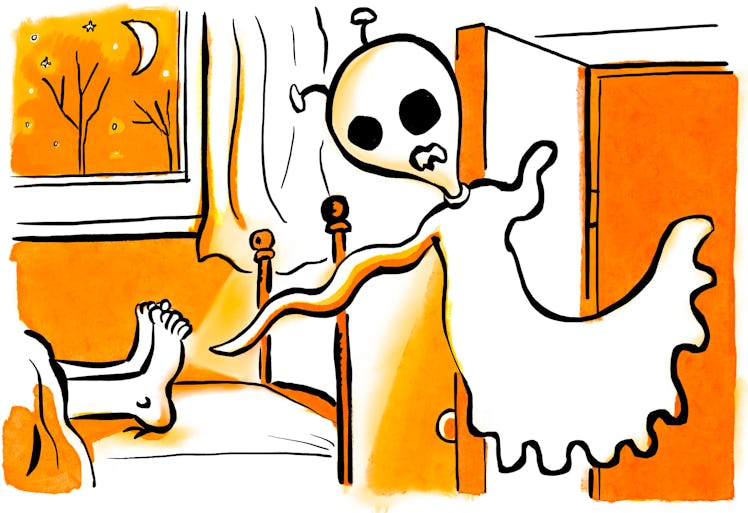 An illustration of a ghost alien near Orlando Jones' feet