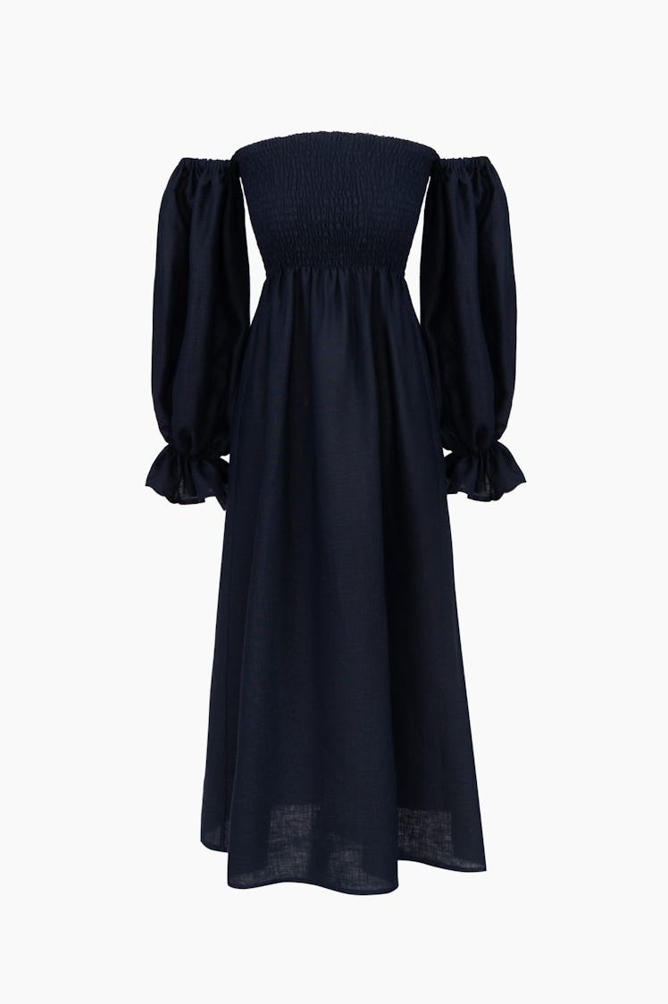Navy linen midi dress with long puffy sleeves