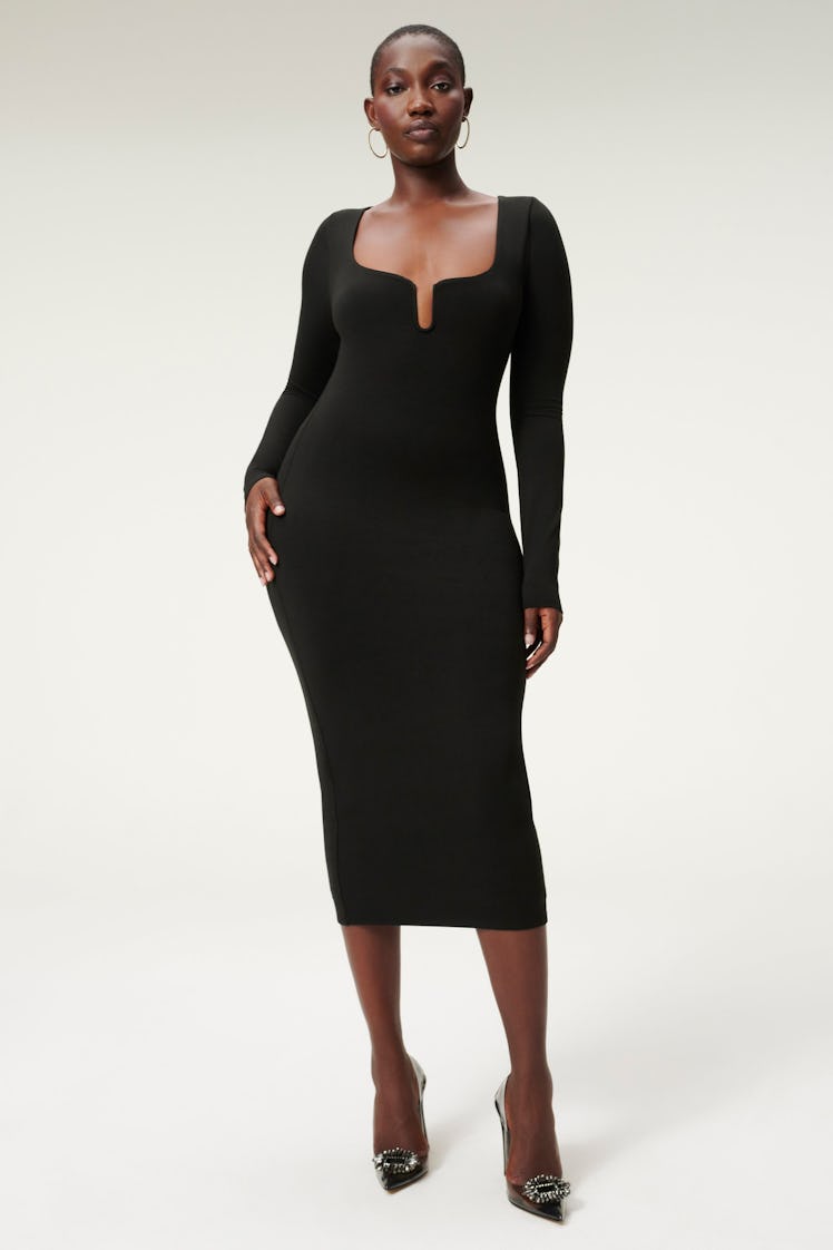 Black silk jersey midi dress