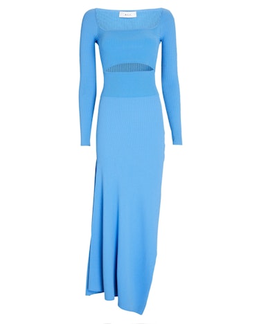 Blue long sleeve maxi sweater dress with cut-out