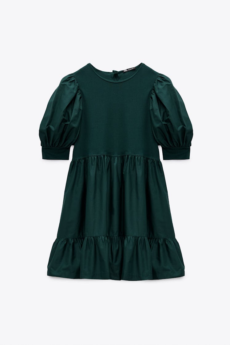 Green cotton puff sleeve mini dress