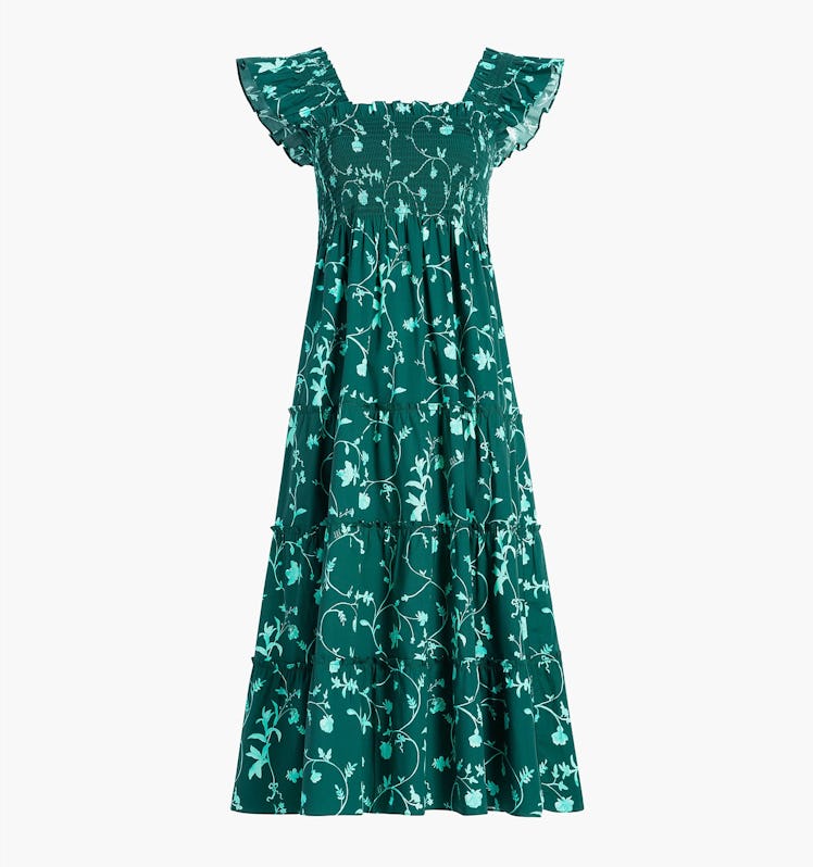 Green floral printed flutter sleeve cotton dress