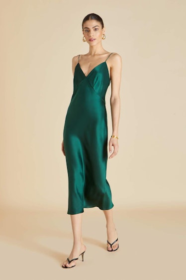 green satin silk slip dress