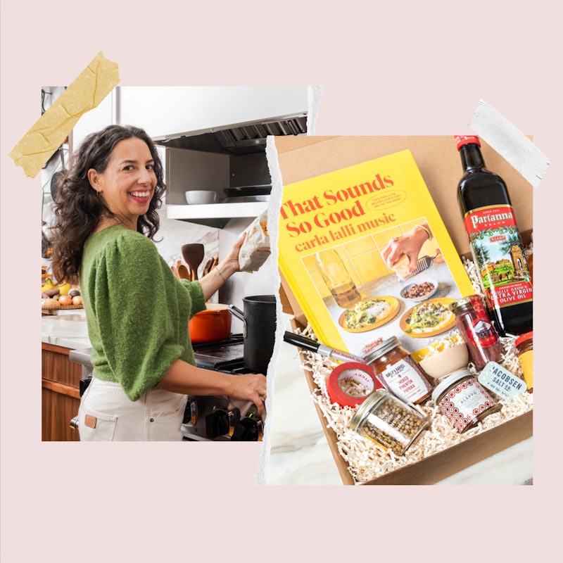 A collage of Carla Lalli cooking in a kitchen next to a cover of her cookbook