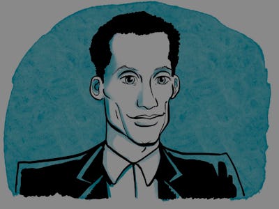 An illustration of a black and white portrait of a man in a suit and a shirt with a blue background