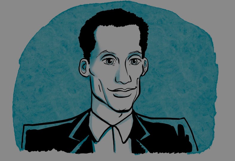 An illustration of a black and white portrait of a man in a suit and a shirt with a blue background