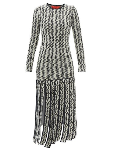 Black and white long sleeve wool midi dress