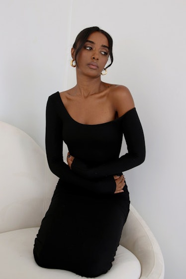 black off-the-shoulder stretch dress