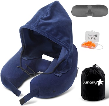 Sunany Travel Pillow with Hat, Portable Drawstring Bag, 3D Eye Mask and Earplugs