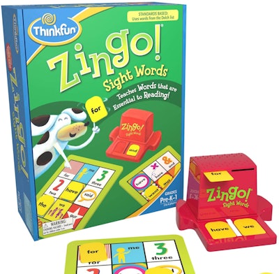Product image for Zingo Sight Words; the box, a playing card, and the word bank