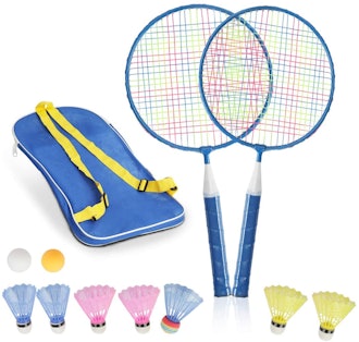 Product image of a set of two badminton rackets, birdies, and a carrying bag