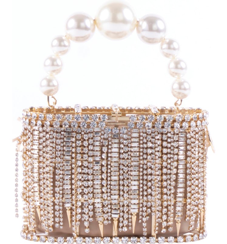 silver crystal fringe and pearl mini bag