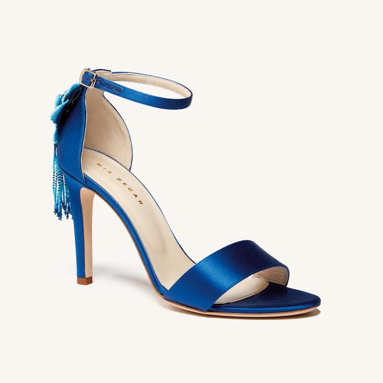 blue satin heeled sandals