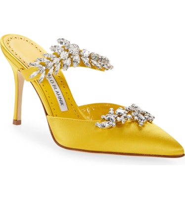 yellow satin crystal-adorned heeled mules