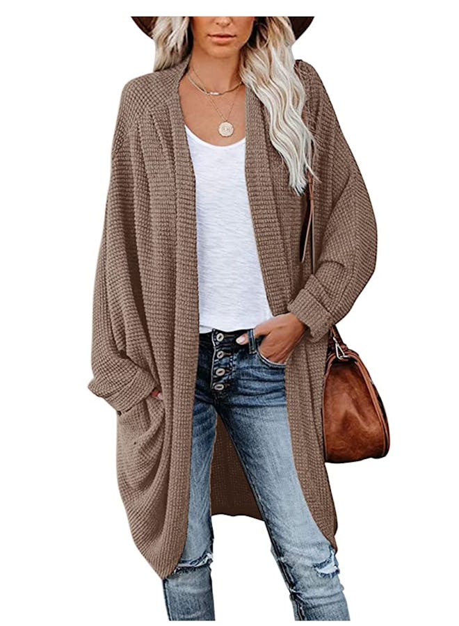 MEROKEETY Waffle Knit Long Sleeve Cardigan