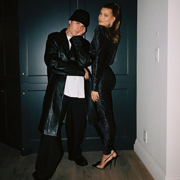 Hailey Bieber wearing YSL and Justin Bieber wearing Jimmy Choo loafers. 