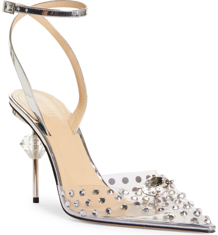silver high heel ankle strap pumps with crystal embellishments