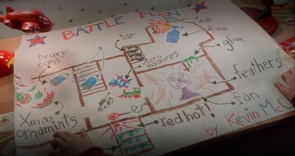 Kevin's "battle plan" colored in crayon featuring various booby traps.