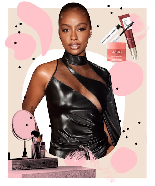 Justine Skye in an asymmetric black leather dress collage image with beauty products