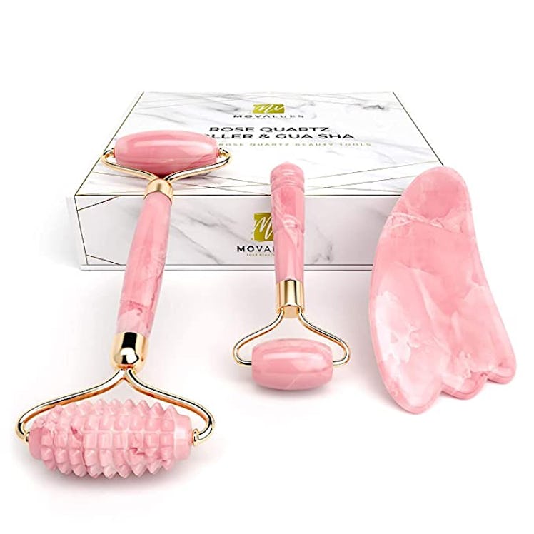 MoValues Rose Quartz Roller & Gua Sha Set