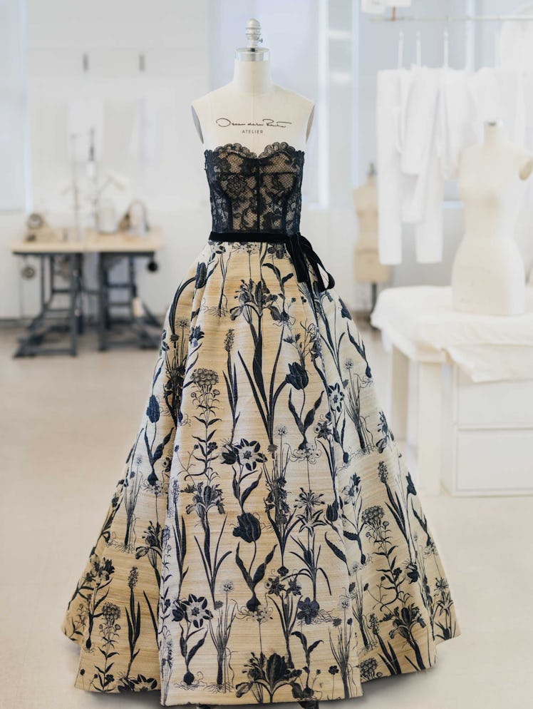 Strapless Lace Bustier Flower Harvest Gown from Oscar de la Renta Fall 2018.