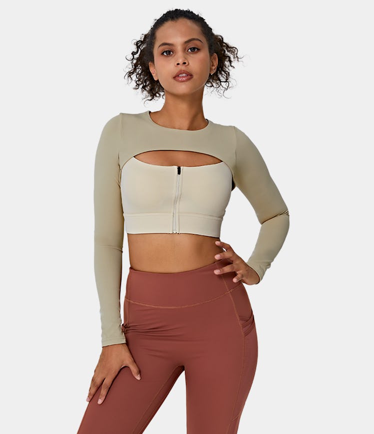 Color Block Zip Front Long Sleeve Cut Out Cropped Sports Top