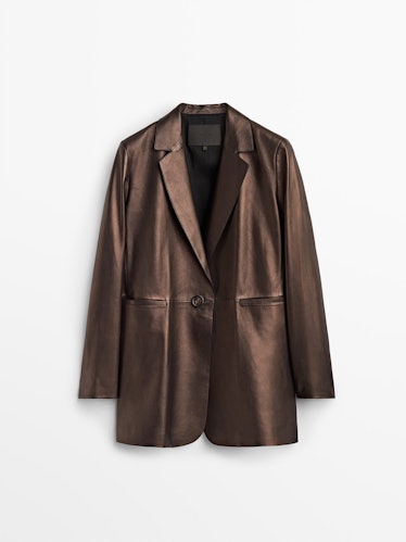 brown metallic leather suit blazer