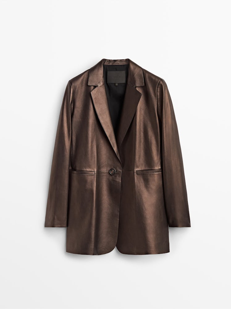 brown metallic leather suit blazer