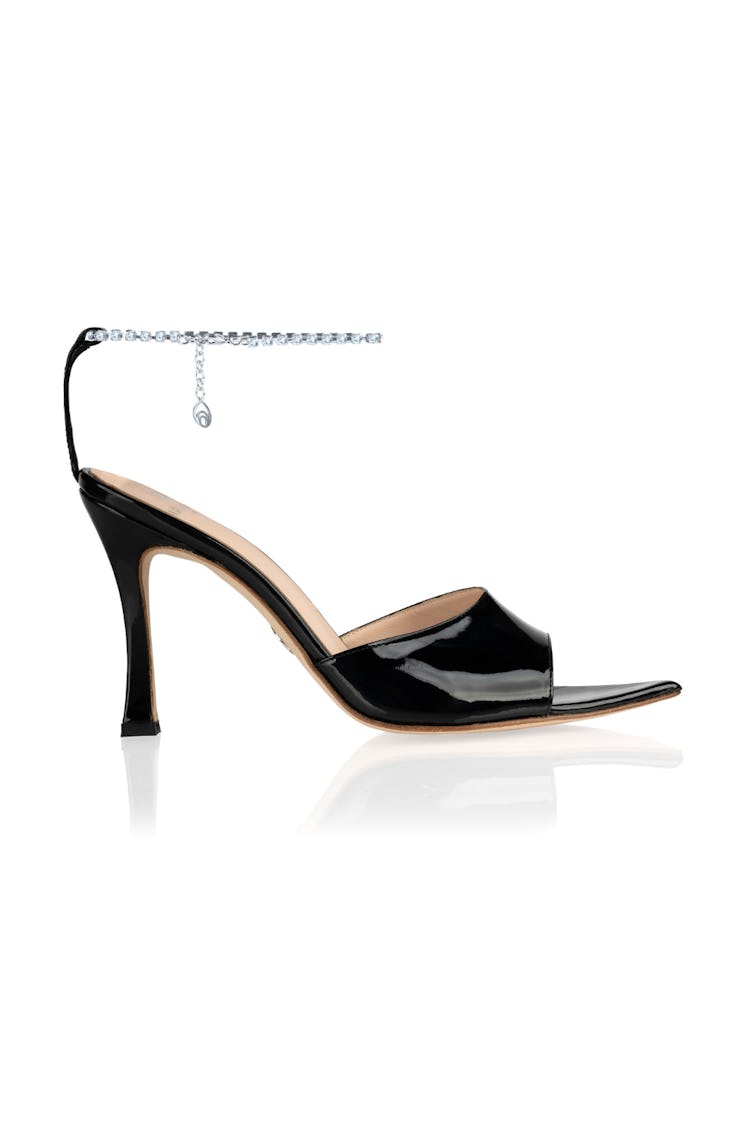 black patent leather ankle strap sandal with rhinestones