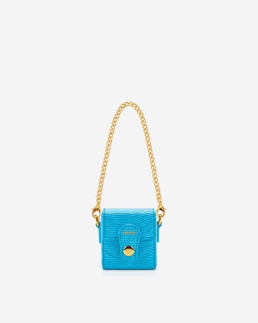 blue faux-snake mini bag with gold chain strap