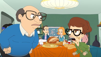andrew and his dad yelling over thanksgiving dinner in front of a turkey