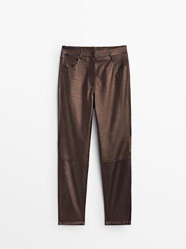 brown metallic leather suit pants