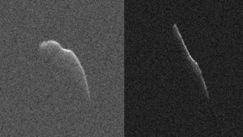 Radar images of asteroid SD220 taken on Dec. 17 (left) and Dec. 22 by scientists using NASA's giant ...