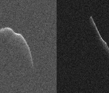 Radar images of asteroid SD220 taken on Dec. 17 (left) and Dec. 22 by scientists using NASA's giant ...