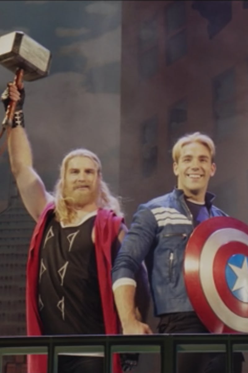 Two men dressed as Thor and Captain America on a stage in the musical Hawkeye