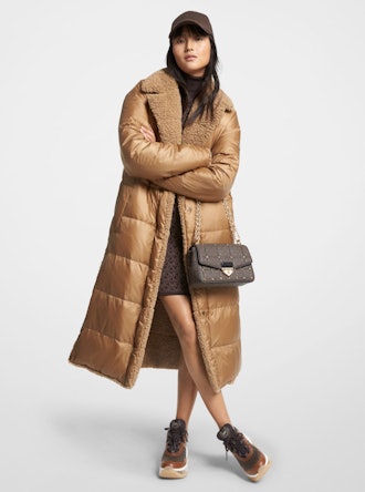 Michael Kors Quilted Ciré and Faux Shearling Reversible Puffer Coat in Dark Camel.