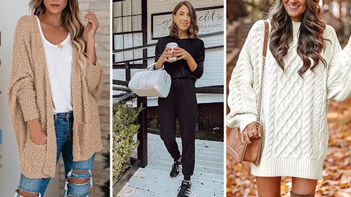 A collage photo of three women wearing warm cozy outfits
