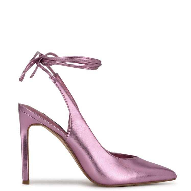 pink metallic lace-up pointed toe pumps