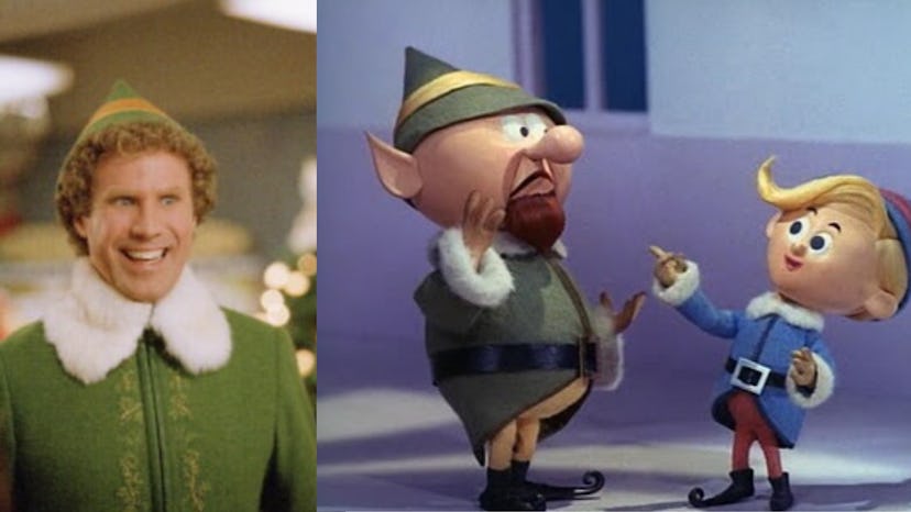 Buddy’s green and yellow elf costume was modeled after the elves in the 1964 animated, claymation te...