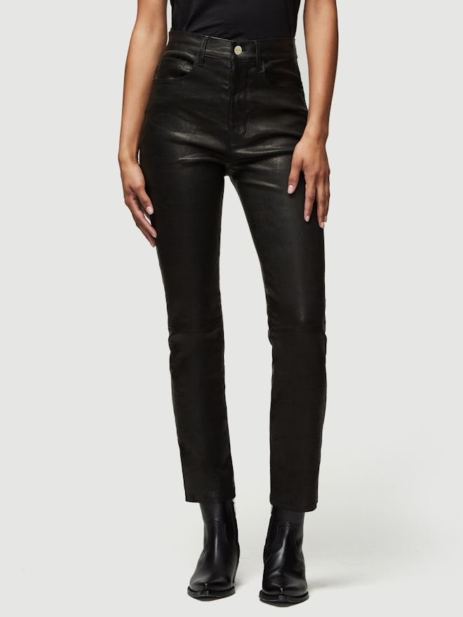 FRAME Leather Le Sylvie Slender Straight Pant in Noir black.