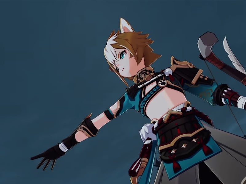 A dog character with brown hair from the Genshin Impact video game called Gorou pointing her hand