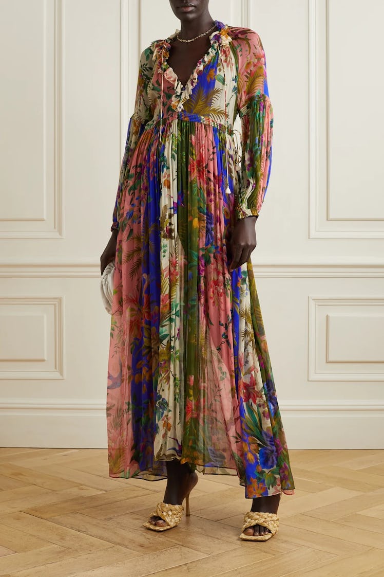 Tropicana Ruffled Pleated Floral-Print Silk-Crepon Dress