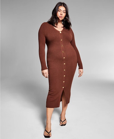 This brown Jeannie Mai X INC Plus Size Ribbed Button-Front Dress, Created for Macy's is on sale duri...