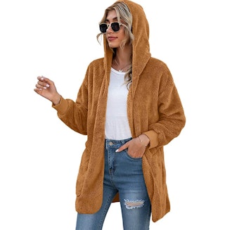 LONGYUAN Hooded Fuzzy Cardigan Fleece Jacket 