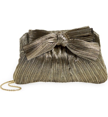 metallic gold pleated clutch with a bow
