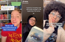 Composite of TikTok book video screenshots from @a.veryqueerbookclub; @aymansbooks; @the.ones.about....