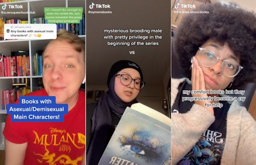 Composite of TikTok book video screenshots from @a.veryqueerbookclub; @aymansbooks; @the.ones.about....
